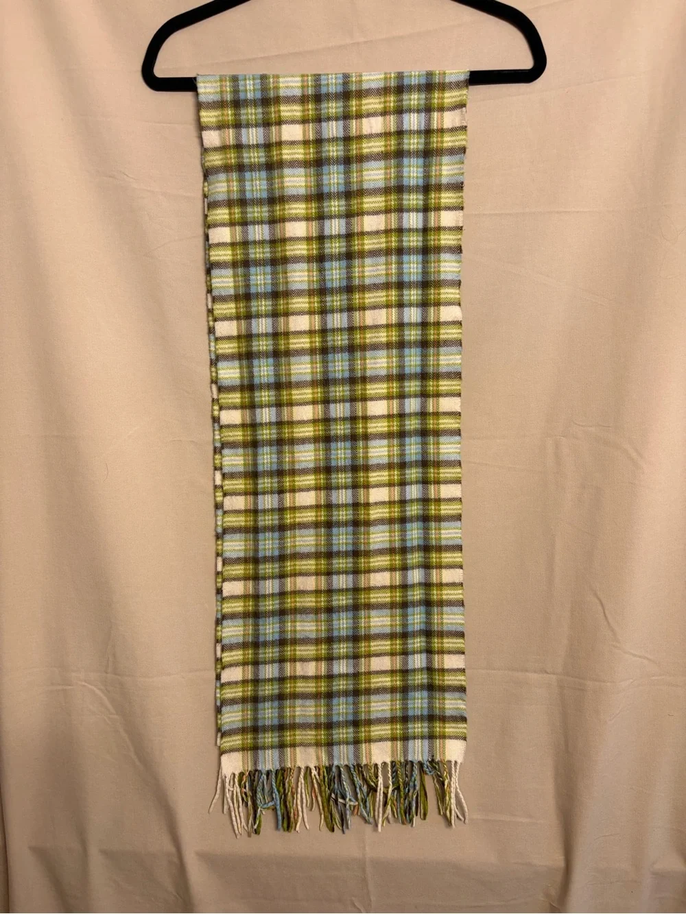 100% Cashmere Vintage Plaid Fringe Scarf in Green, Blue & Cream Made in England
